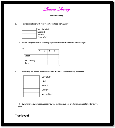 Figure 8, A short customer questionnaire.