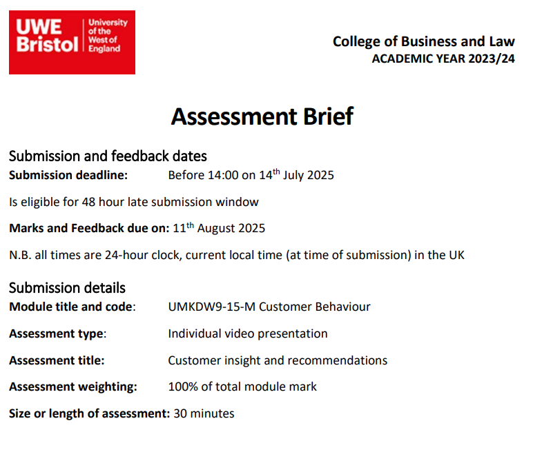 UMKDW9-15-M Customer Behaviour Assessment Brief