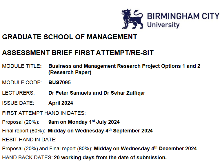 BUS7095 Business and Management Research Project Assessment 