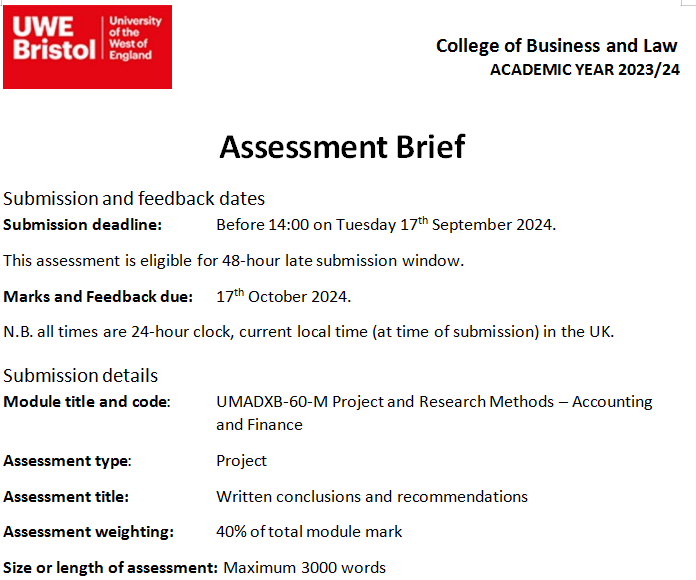 UMADXB-60-M Project and Research Methods – Accounting and Finance Assessment Details