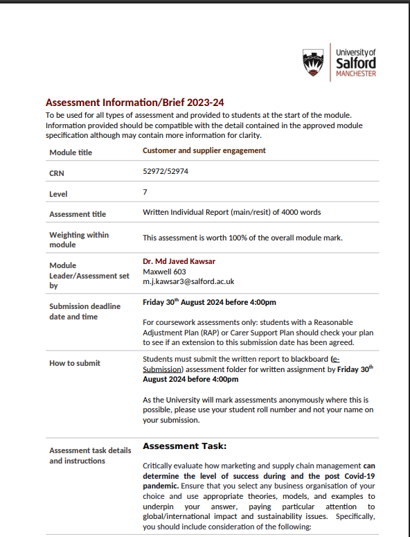 Customer And Supplier Engagement T3 Assessment Brief | University of Salford