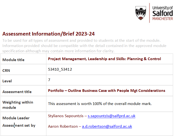 Project Management, Leadership and Skills: Planning & Control Assessment Details
