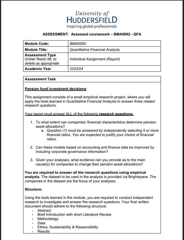 BMA0092 Quantitative Financial Analysis Assessed Coursework Assignment