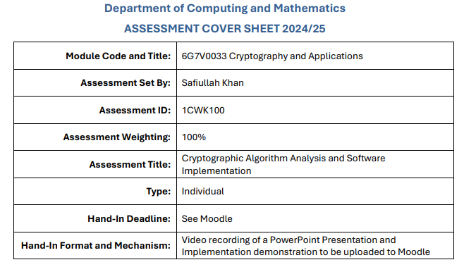 6G7V0033 Cryptography and Applications Assessment 