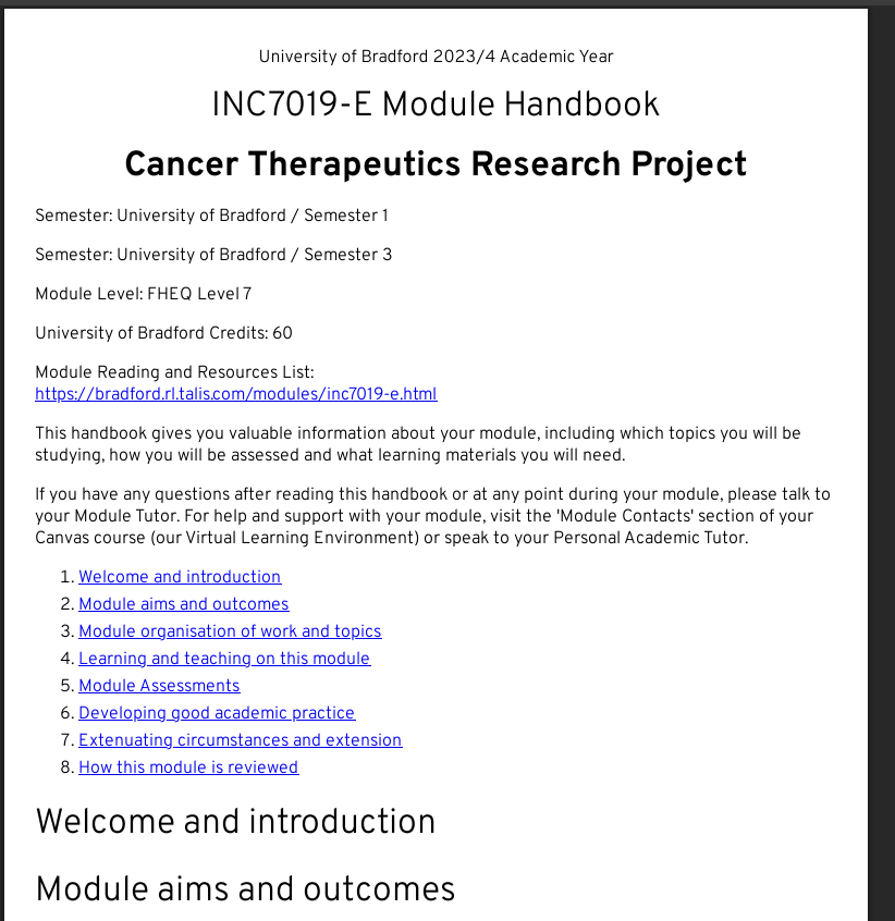 INC7019-E Cancer Therapeutics Research Project Module Handbook | UoB