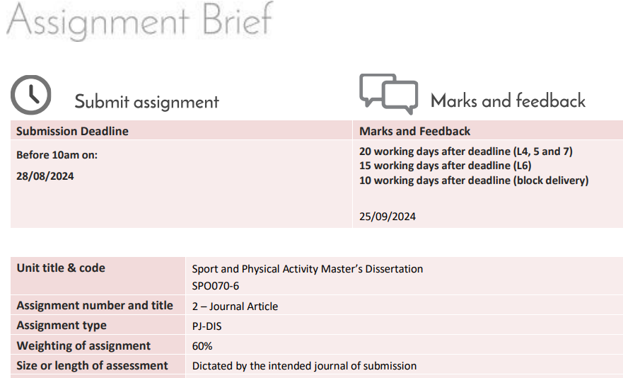 SPO070-6 Sport and Physical Activity Master’s Dissertation Assignment 