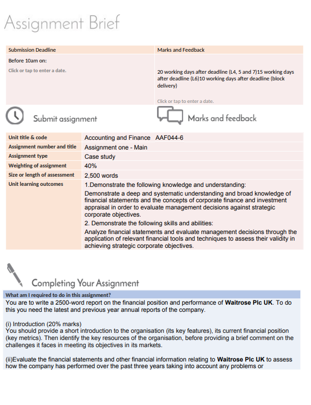 AAF044-6 Accounting and Finance Assignment 1 Brief