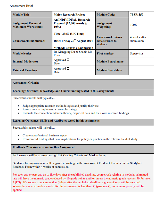 7BSP1357 Major Research Project Research Proposal Assessment Brief | UoH