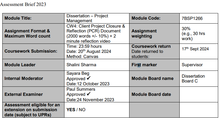 7BSP1266 Dissertation-Project Management Coursework 4 Assessment Brief | UoH