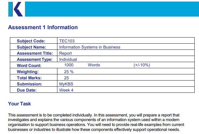 TEC103 Information Systems in Business Assessment 1 Information | KBS