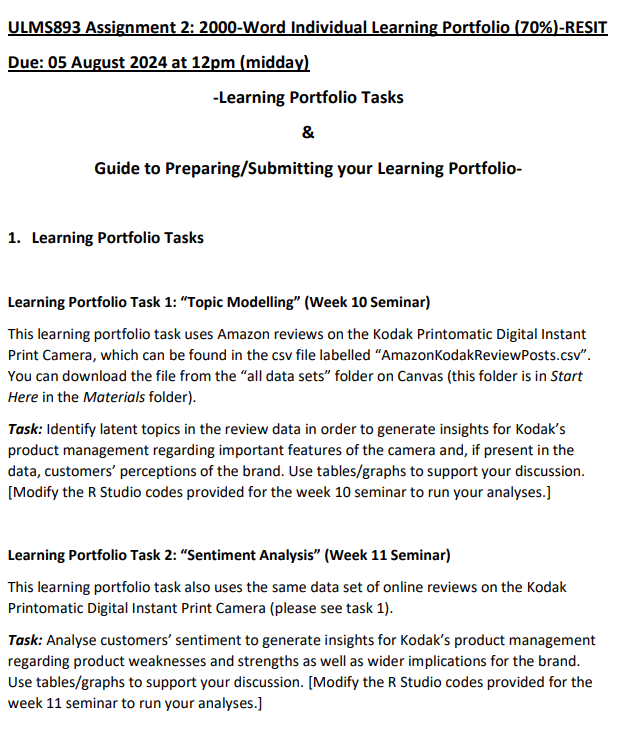ULMS893 Marketing and Digital Analytics Assignment 2 Individual Learning Portfolio