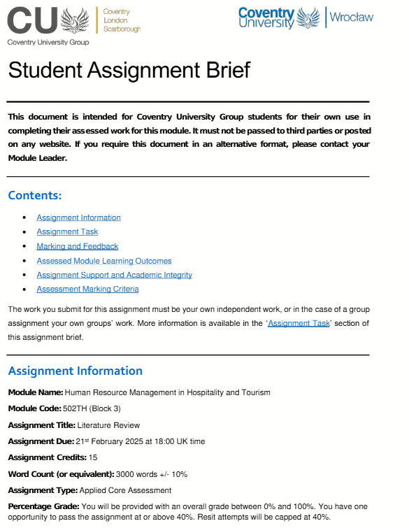 502TH Human Resource Management in Hospitality and Tourism CW2 Assessment Brief Block3  | CU