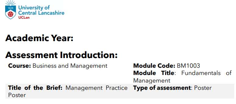 BM1003 Fundamentals of Management Assessment 2 Poster Brief