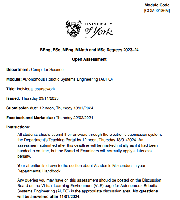 COM00186M Autonomous Robotic Systems Engineering (AURO) Coursework 2025-26 | UoY