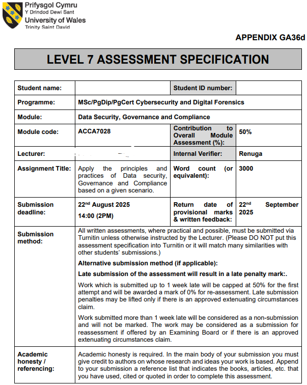 ACCA7028 Data Security Governance and Compliance L7 Assessment Task