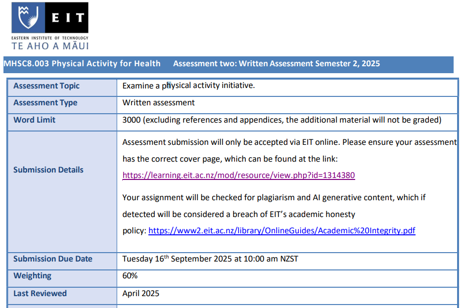 MHSC8.003 Physical Activity for Health Assessment two: Written Assessment MHSC8.003 Physical Activity for Health Assessment two: Written Assessment Semester 2, 2025 | EIT