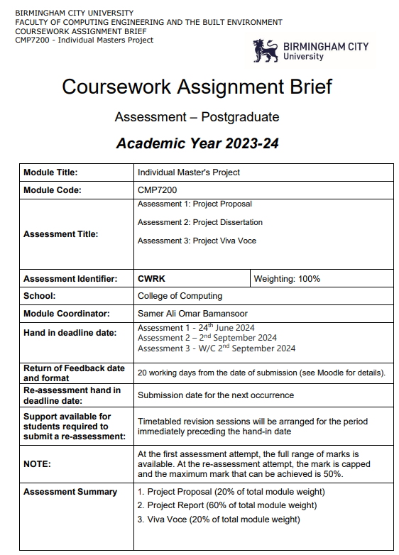 CMP7200 Individual Master's Project Coursework Assignment Brief | BCU
