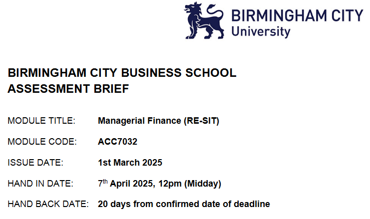 ACC7032 Managerial Finance (RE-SIT) Assessment Brief 