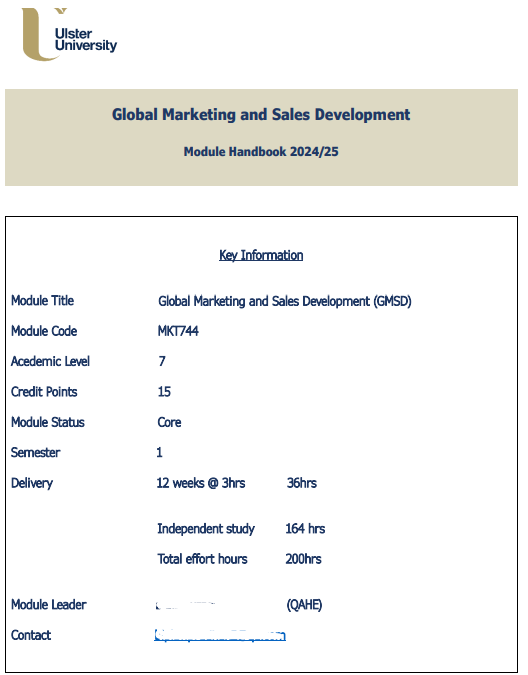 MKT744 Global Marketing and Sales Development (GMSD) Module Handbook 2024-25 | UU