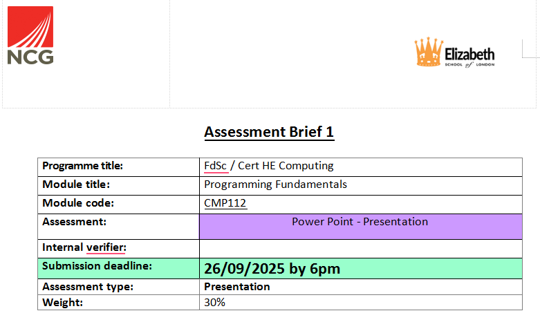CMP112 Programming Fundamentals Assessment Brief 1 