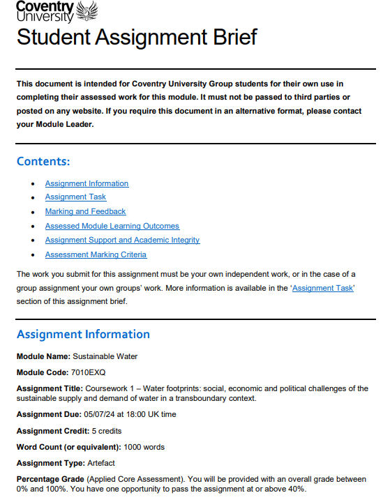 7010EXQ Sustainable Water Coursework 1, Coventry University