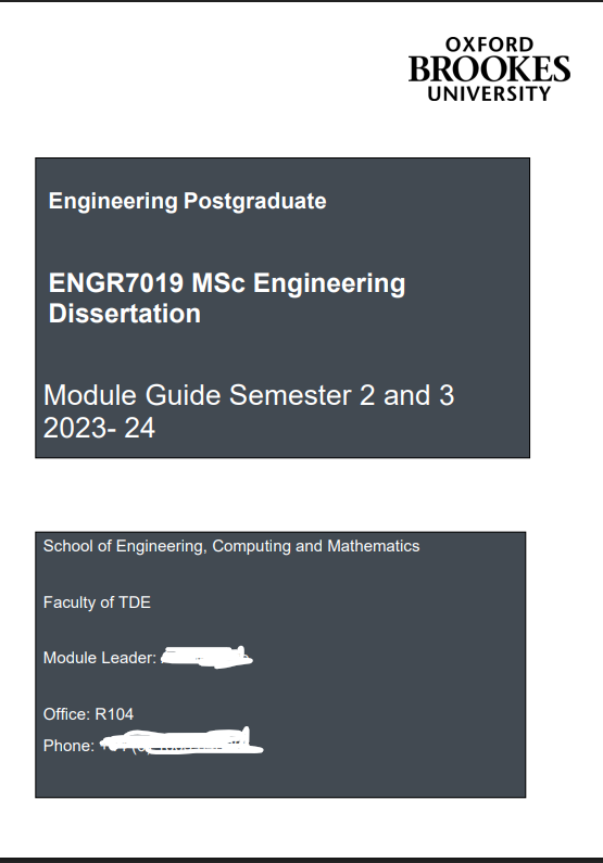 ENGR7019 MSc Engineering Dissertation Semester 2 and 3  | OBU