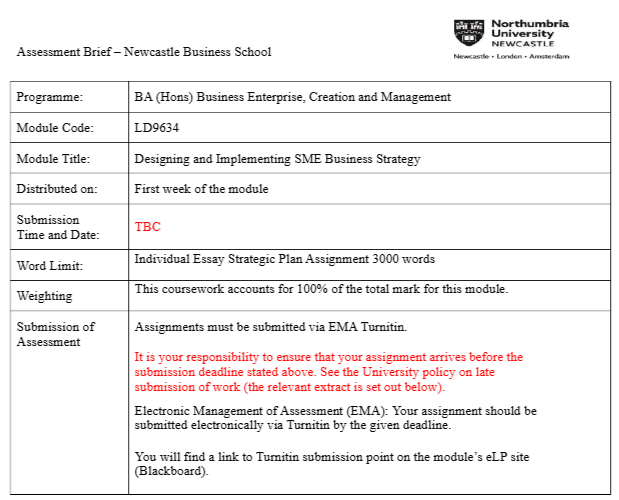LD9634 Designing and Implementing SME Business Strategy Assessment Brief LD9634 Designing and Implementing SME Business Strategy Assessment Brief 2024-25 | NUN