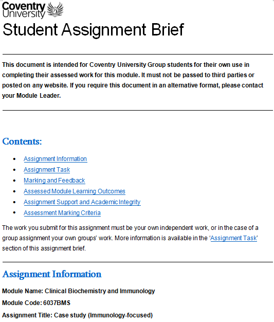 6037BMS CW2 Assignment Brief 6037BMS Clinical Biochemistry and Immunology CW2 Assignment Brief | CU