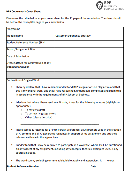 Customer Experience Strategy CW4 Formative Assessment Brief | BPP