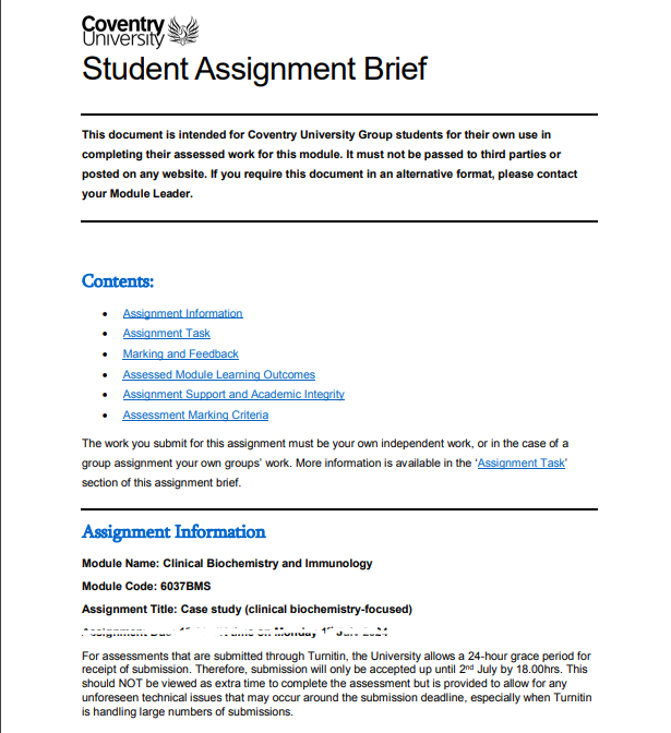 6037BMS Clinical Biochemistry and Immunology CW1 Assignment Brief