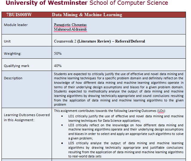7BUIS008W Data Mining & Machine Learning cw2 (Literature Review) 7BUIS008W Data Mining & Machine Learning Coursework 2 (Literature Review)