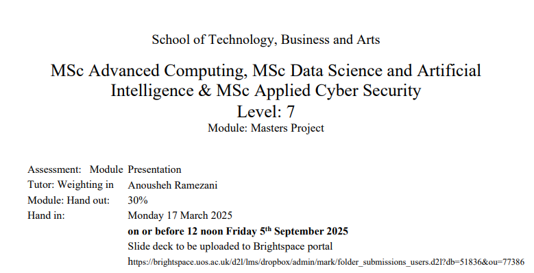 MSc Project Presentation Assessment 2 Brief 2025