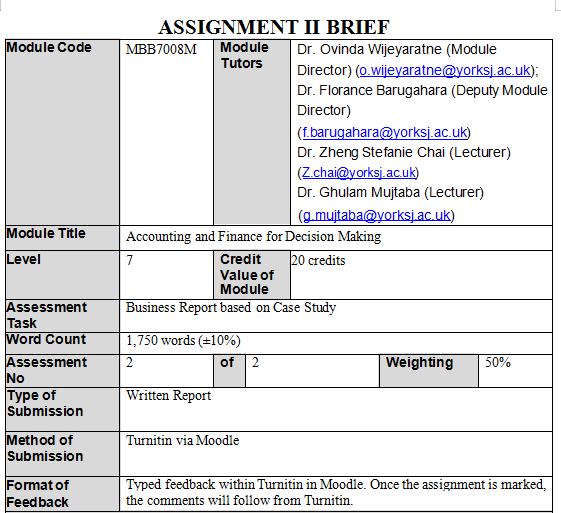 MBB7008M Accounting and Finance for Decision Making Assignment 2 Brief