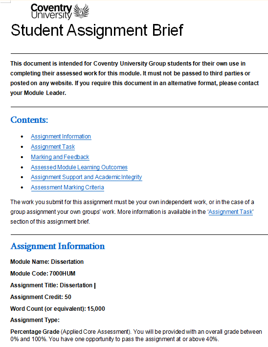 7000HUM Dissertation CW Assignment Brief | Coventry University