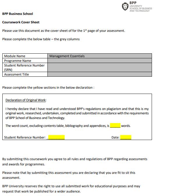 Management Essentials Coursework 2 Summative Assessment Brief | BPP