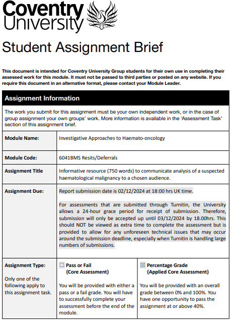 6041BMS Investigative Approaches to Haemato-oncology Assignment Brief | CU
