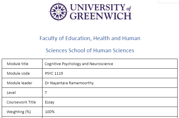 PSYC1119 Cognitive Psychology and Neuroscience Assignment Essay