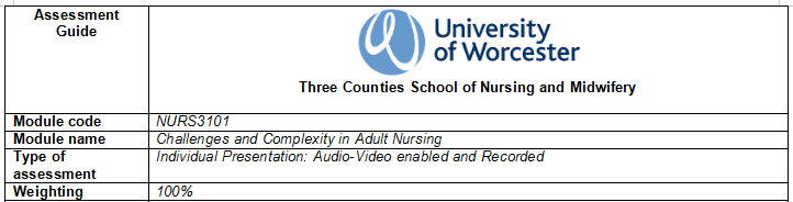 NURS3101 Challenges and Complexity in Adult Nursing Assessment Guide