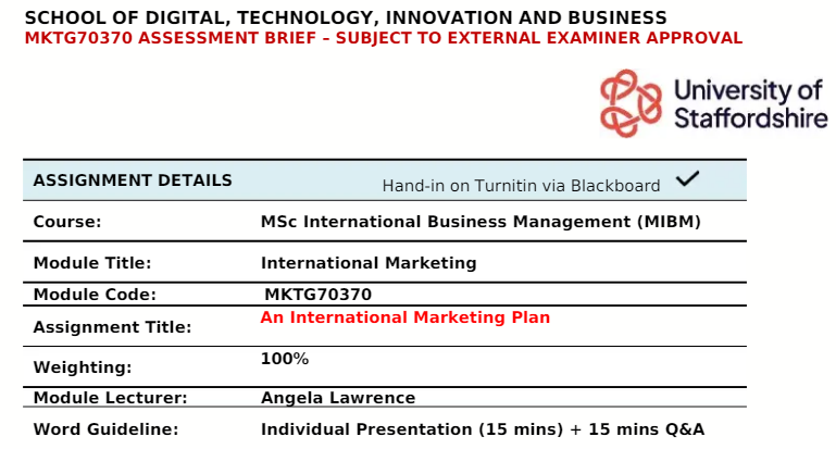 MKTG70370 International Marketing Assessment Brief
