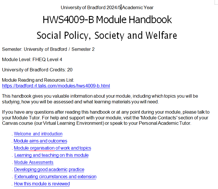HWS4009-B Social Policy, Society and Welfare Module Handbook