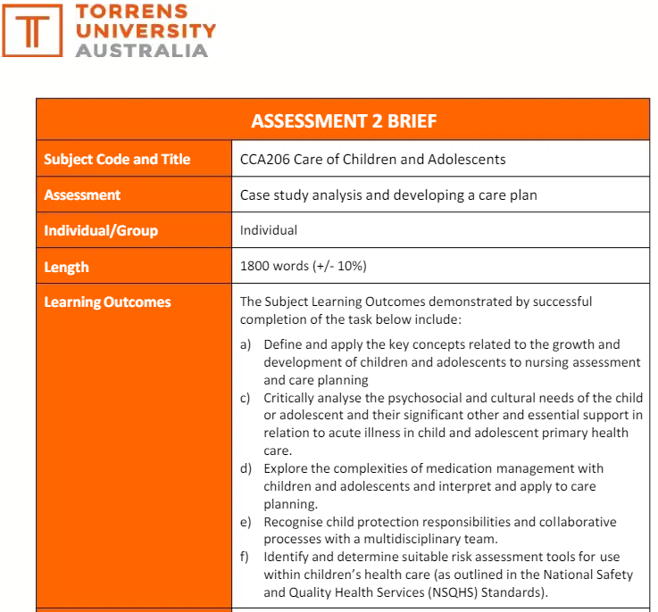 CCA206 Care of Children and Adolescents Assessment 2 Brief