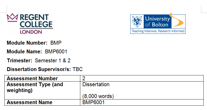 BMP6001 BMP Dissertation Assessment 2 Brief