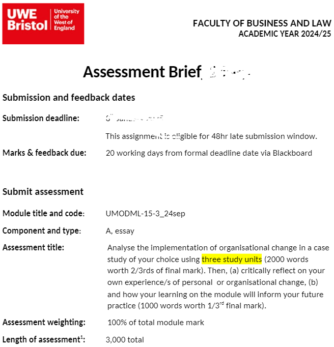UMODML-15-3 Managing Organisational Change Assignment Brief
