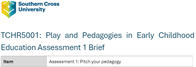 TCHR5001: Play and Pedagogies in Early Childhood Education Assessment 1