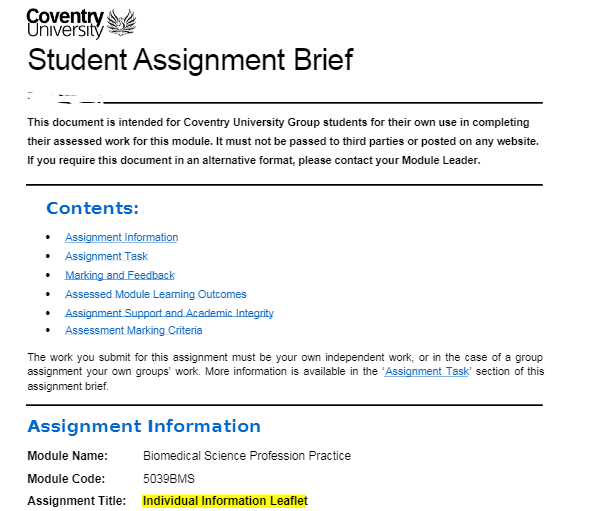 5039BMS Biomedical Science Professional Practice CWK Assignment Brief