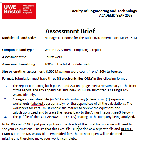 UBLMKW-15-M Managerial Finance for the Built Environment Assessment Brief 