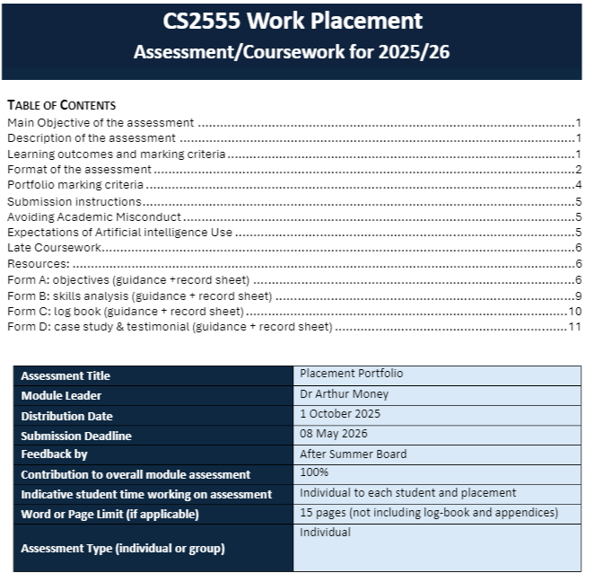 CS2555 Placement Portfolio Assessment Brief 2025-26