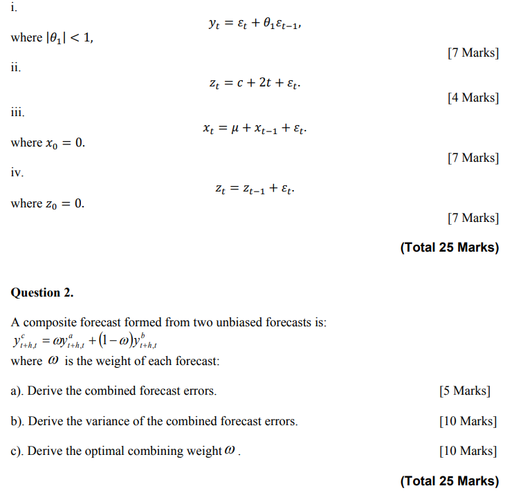 7FNCE014W Forecasting Markets and Risk Modelling Coursework Questions