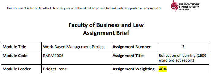 BABM2006 Work-Based Management Project Assignment 3 Brief | DMU 
