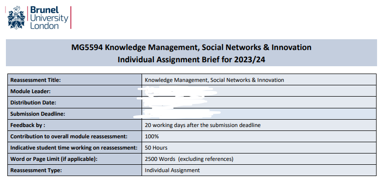 MG5594 Knowledge Management, Social Networks & Innovation Assignment Brief 2025-26 | BUL